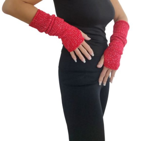 Red Silver Glitter Handmade Knitted Long Fingerless Gloves Valentines Gi… - Picture 11 of 11